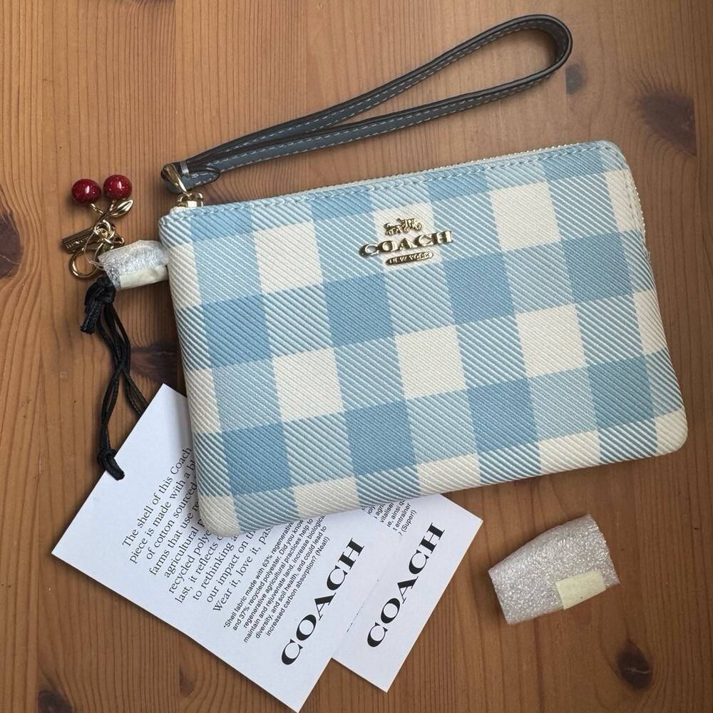 ❤️ Coach Corner Zip Wristlet With Gingham Print And Cherry Charm